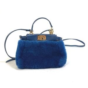 Fendi Handbag Leather Peekaboo Blue Fur Crossbody Faux Bag Shoulder